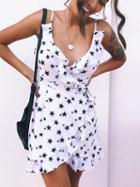 Choies White Chiffon V-neck Star Print Ruffle Trim Chic Women Cami Mini Dress