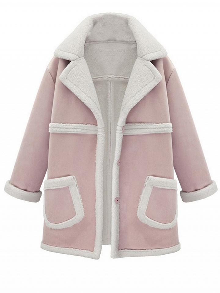 Choies Pink Lapel Pocket Faux Shearling Jacket