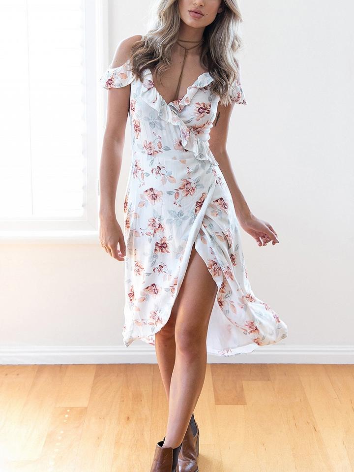 Choies Polychrome V-neck Floral Ruffle Trim Wrap Dress