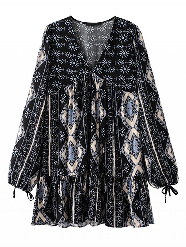 Choies Black V-neck Geo Pattern Flounce Hem Long Sleeve Dress