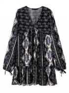 Choies Black V-neck Geo Pattern Flounce Hem Long Sleeve Dress