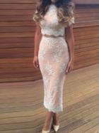 Choies White Lace Sheer Crop Top And High Waist Split Skirt