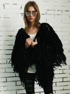 Choies Black Tassel Open Front Faux Fur Coat