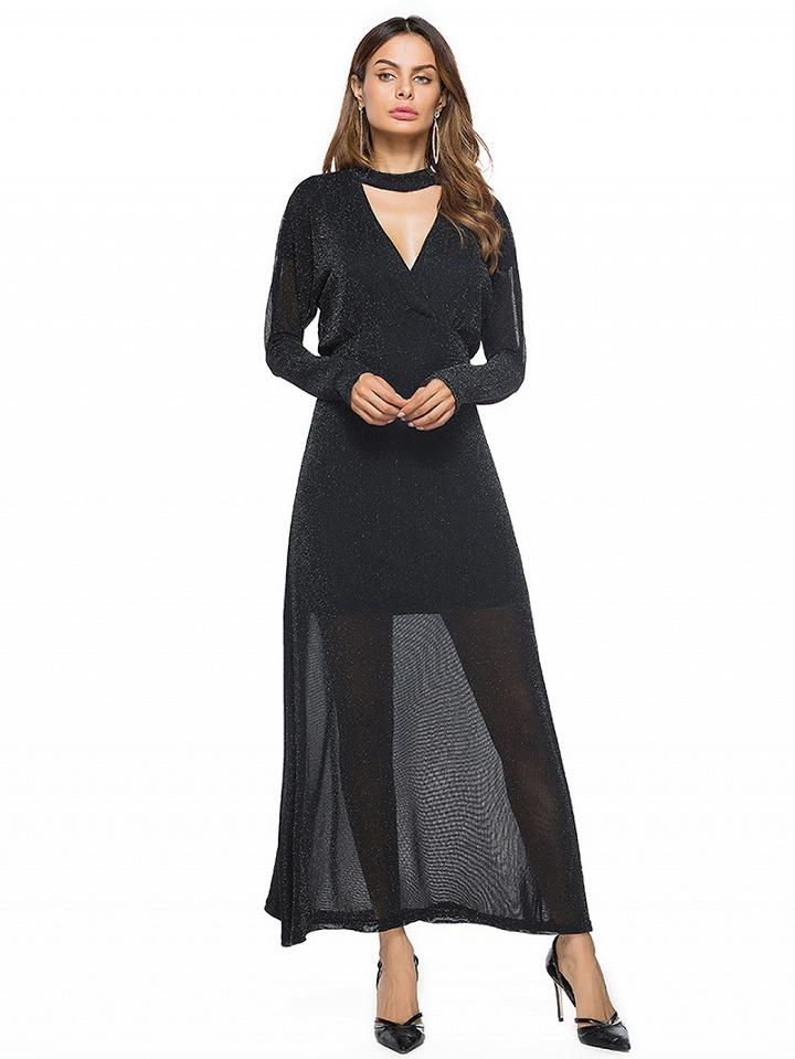 Choies Black Choker Neck Plunge Long Sleeve Maxi Dress