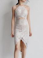 Choies White Halter Open Belly Asymmetric Hem Lace Dress