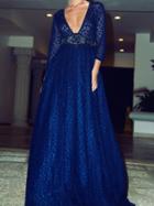 Choies Blue Plunge Neck Sheer Embroidery 3/4 Sleeve Prom Dress