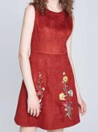 Choies Red Faux Suede Embroidery Floral Sleeveless A-line Dress