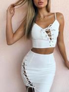 Choies White Eyelet Lace Up Front Crop Cami Top And High Waist Skirt