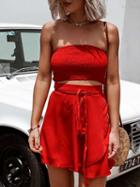 Choies Red Bandeaue Ruched Crop Top And Asymmetric Hem Skirt