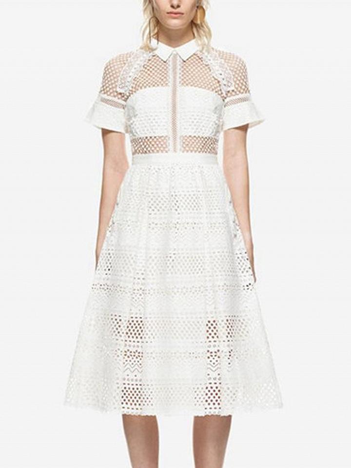 Choies White Lace Panel Pointed Collar High Waist Midi Dress
