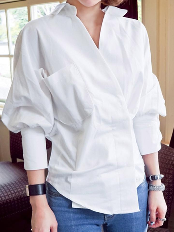 Choies White V Neck Puff Sleeve Pocket Detail Asymmetric Hem Shirt