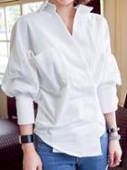 Choies White V Neck Puff Sleeve Pocket Detail Asymmetric Hem Shirt
