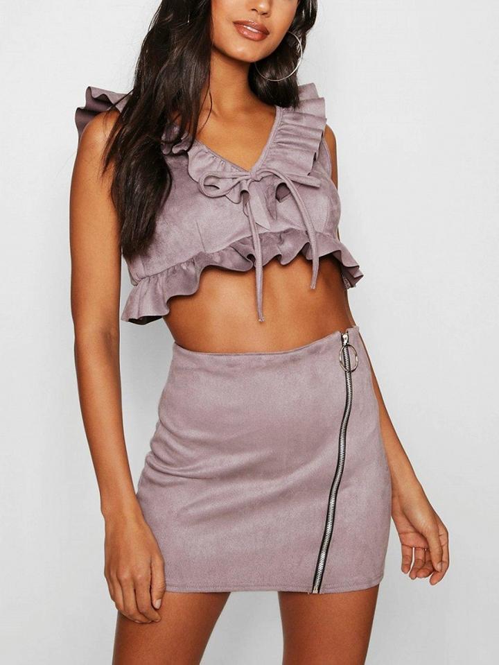 Choies Pink Suede V-neck Ruffle Trim Chic Women Crop Top And High Waist Skirt
