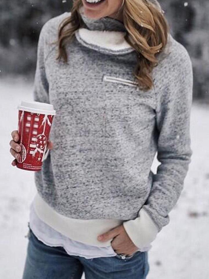 Choies Gray High Neck Zip Front Long Sleeve Sweatshirt