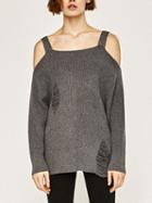 Choies Dark Gray Square Neck Cold Shoulder Rip Detail Knit Sweater