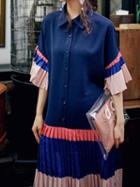 Choies Multicolor Button Placket Front Ruched Detail Vintage Women Midi Dress