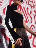 Choies Black Stripe High Neck One Shoulder Flare Sleeve Crop Top