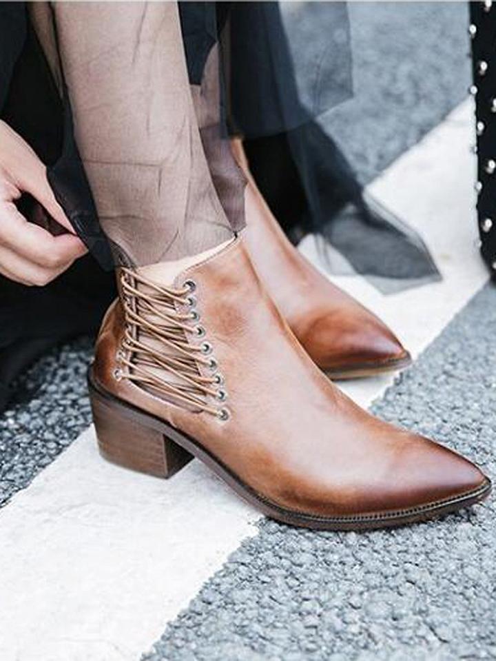 Choies Brown Leather Lace Up Side Pointed Ankle Boots