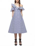 Choies Blue Tripe Cold Shoulder Ruffle Trim Midi Dress