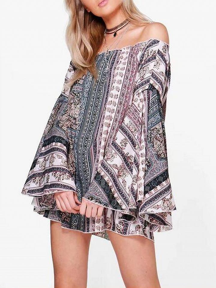 Choies Polychrome Off Shoulder Tribal Print Bell Sleeve Dress