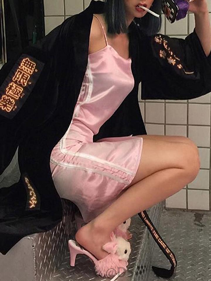 Choies Pink Satin Look Contrast Stripe Side Split Spaghetti Strap Mini Dress