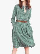 Choies Green Plaid V-neck Buckle Strap Long Sleeve Chic Women Mini Dress