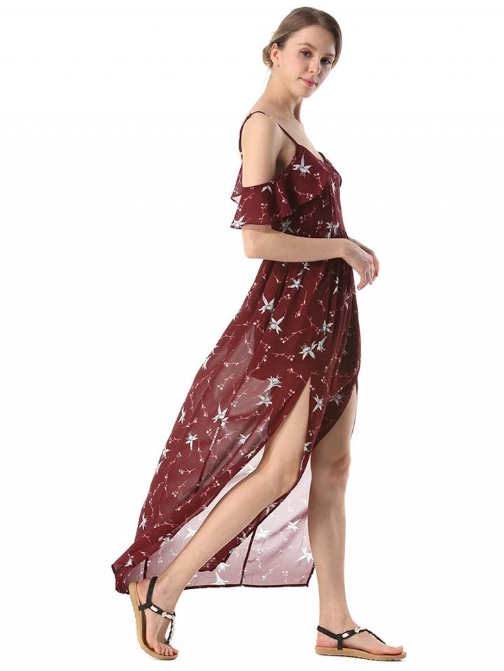 Choies Burgundy Spaghetti Strap Thigh Split Print Detail Maxi Dress