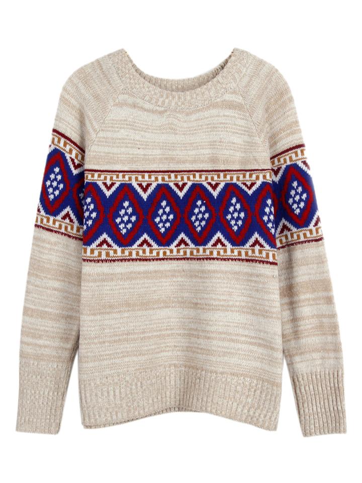 Choies Khaki Contrast Vintage Geo Pattern Knitted Jumper