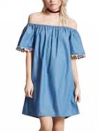 Choies Blue Off Shoulder Pom Pom Shift Denim Dress