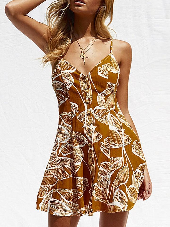 Choies Yellow Spaghetti Strap V-neck Leaf Print Open Back Mini Dress