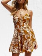 Choies Yellow Spaghetti Strap V-neck Leaf Print Open Back Mini Dress