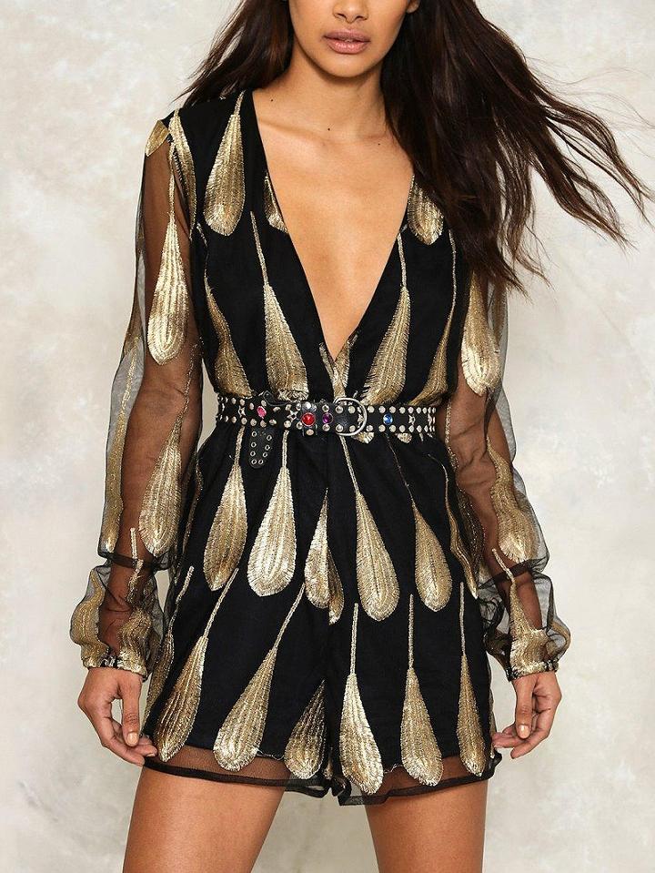 Choies Black Plunge V-neck Embroidery Feather Sheer Mesh Romper Playsuit