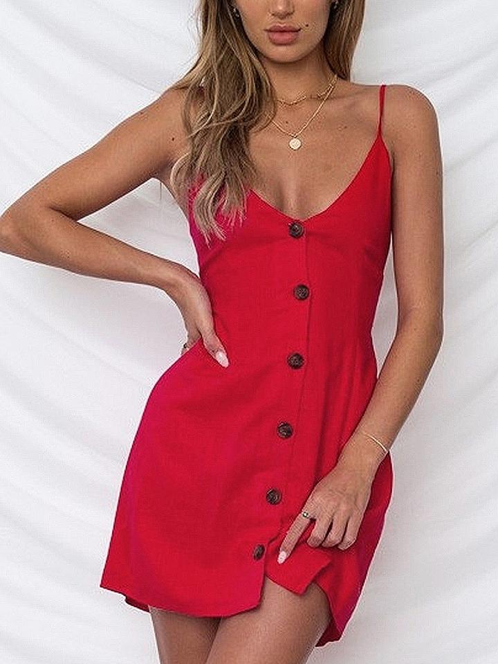 Choies Red Plunge Button Placket Front Tie Back Mini Dress