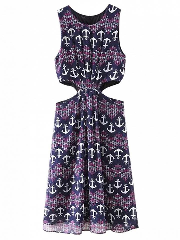 Choies Multicolor Anchor Print Cut Out Chiffon Dress