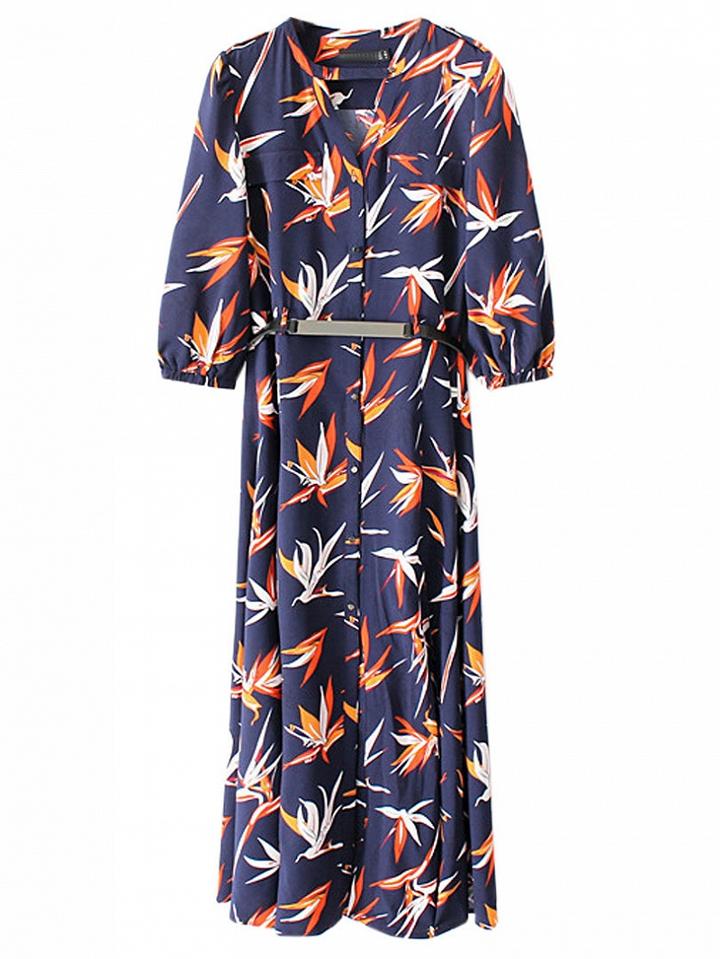 Choies Multicolor Lily Print Belt Waist Button Through Midi Dress