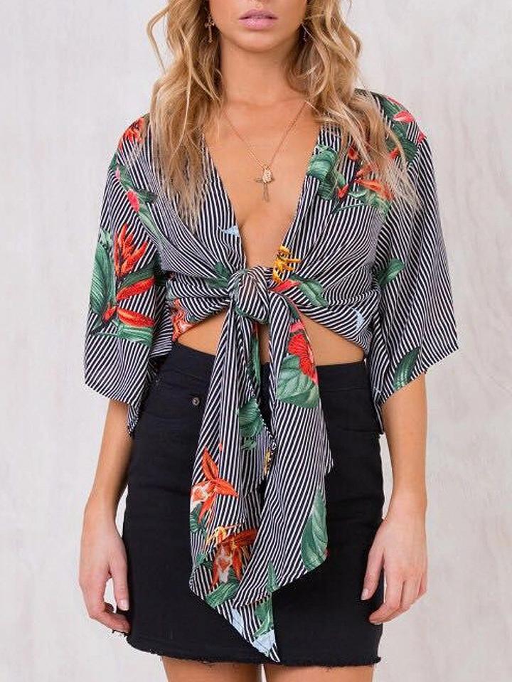 Choies Polychrome Stripe Floral Print Knot Tie Front Crop Top