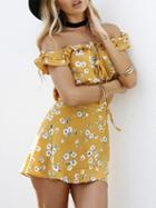 Choies Yellow Floral Off Shoulder Ruffle Trim Crop Top And Mini Skirt