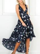 Choies Navy Blue V Neck Floral Print Hi-lo Tie Waist Sleeveless Dress