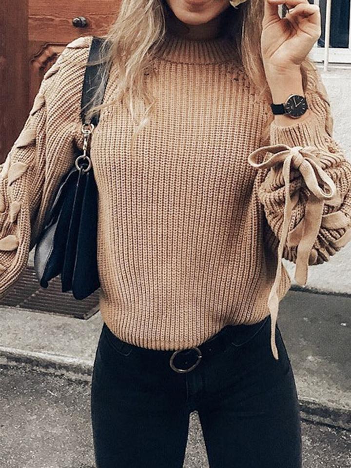 Choies Camel Brown Crew Neck Lace Up Side Long Sleeve Women Sweater