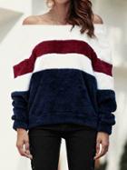 Choies Blue Contrast Velvet Off Shoulder Long Sleeve Chic Women Sweatshirt