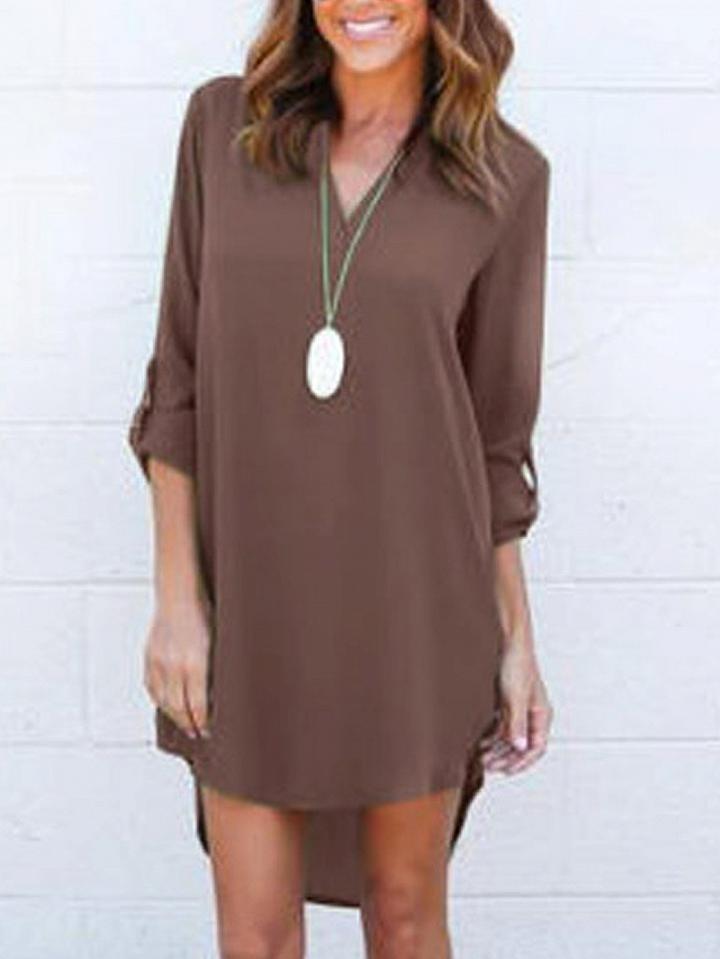 Choies Coffee V-neck Roll-up Sleeve Dipped Hem Dress