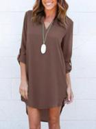Choies Coffee V-neck Roll-up Sleeve Dipped Hem Dress