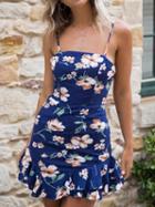 Choies Blue Floral Print Tie Back Ruffle Hem Cami Mini Dress