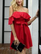 Choies Red Off Shoulder Tie Waist Ruffle Trim Mini Dress
