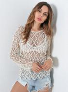 Choies Khaki Crochet Lace Scallop Hem Long Sleeve Blouse