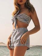 Choies Blue Stripe Knot Bow Bandeau Crop Top And Shorts