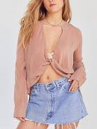 Choies Pink V-neck Knot Front Long Sleeve Blouse