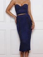 Choies Navy Blue Faux Suede High Waist Lace Up Front Split Back Skirt