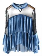 Choies Blue Velvet Ruffle Trim Sheer Mesh Panel Long Sleeve Blouse