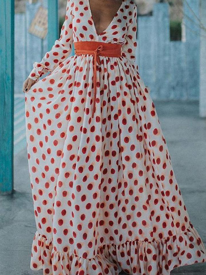 Choies Red Polka Dot V-neck Tie Waist Long Sleeve Chic Women Maxi Dress